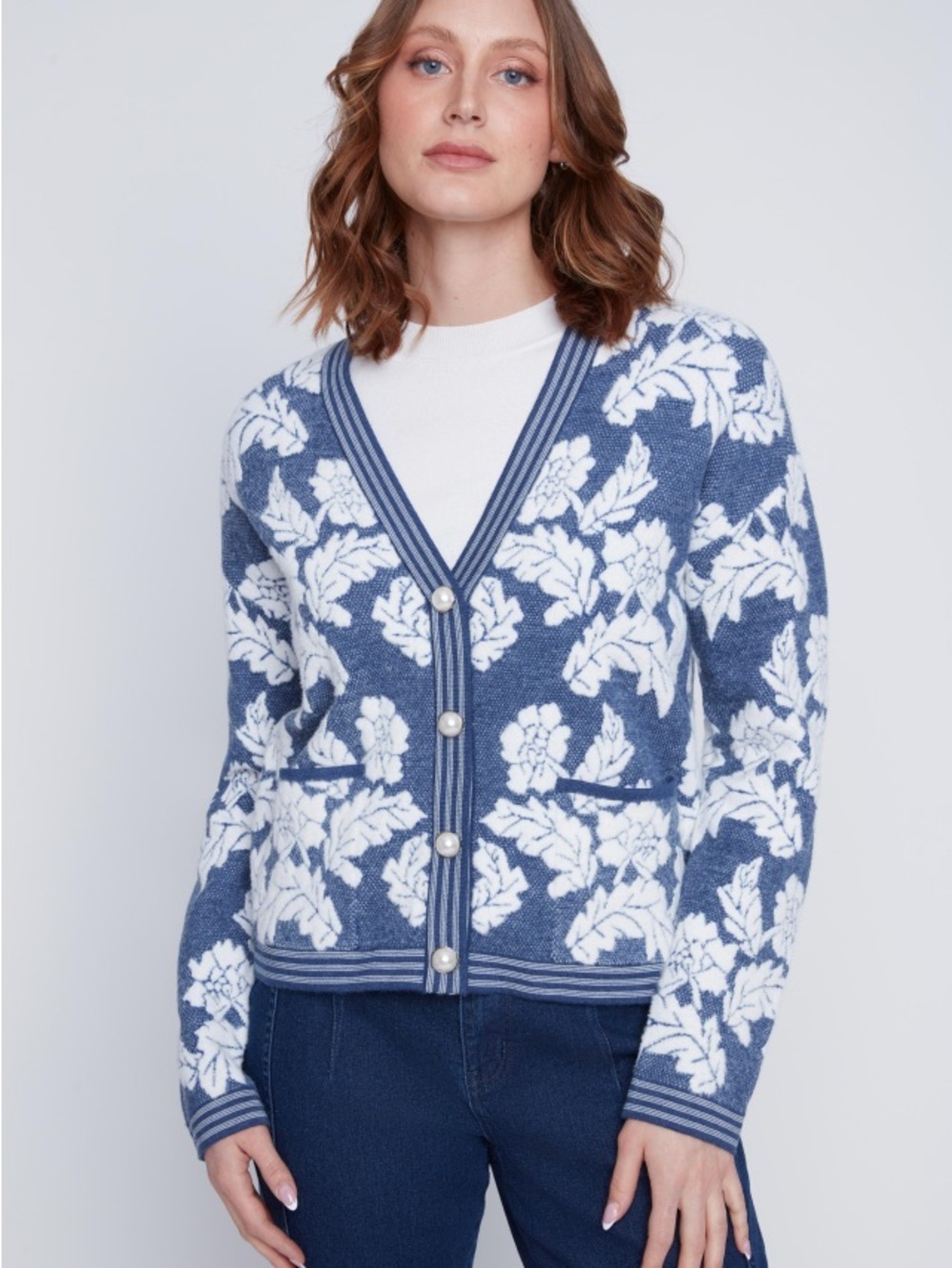 Coco Y Club Blue and White Floral V-Neck Cardigan with Pearl Buttons